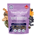 Purple package of healthybud Joint Booster dog treats with ingredients displayed around it.