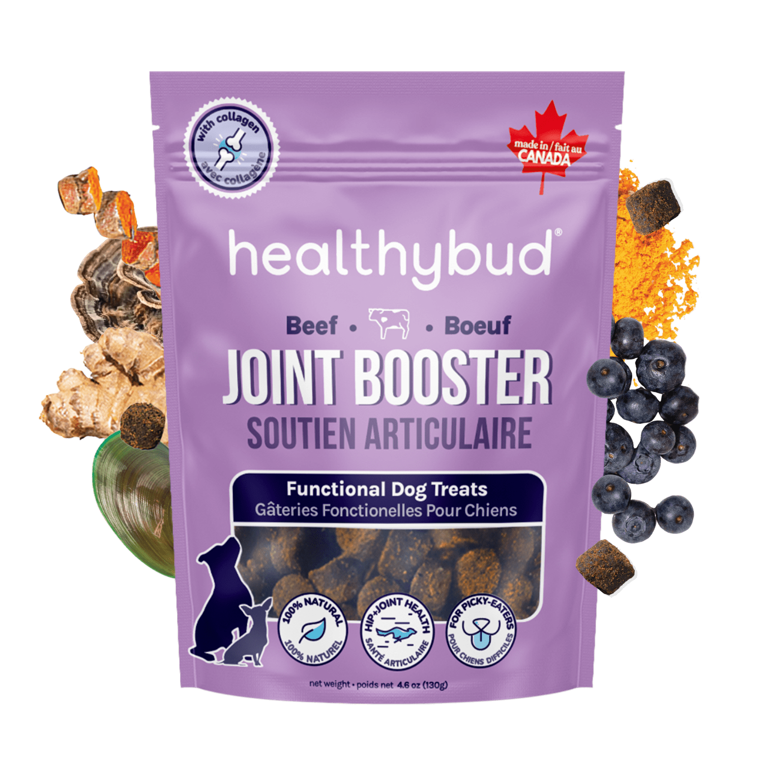 Purple package of healthybud Joint Booster dog treats with ingredients displayed around it.
