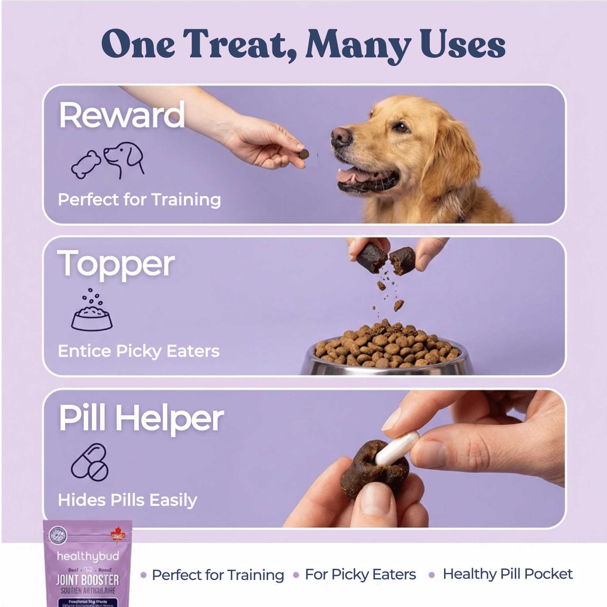 Dog treats with uses for training, enticement, and pill hiding on a purple background