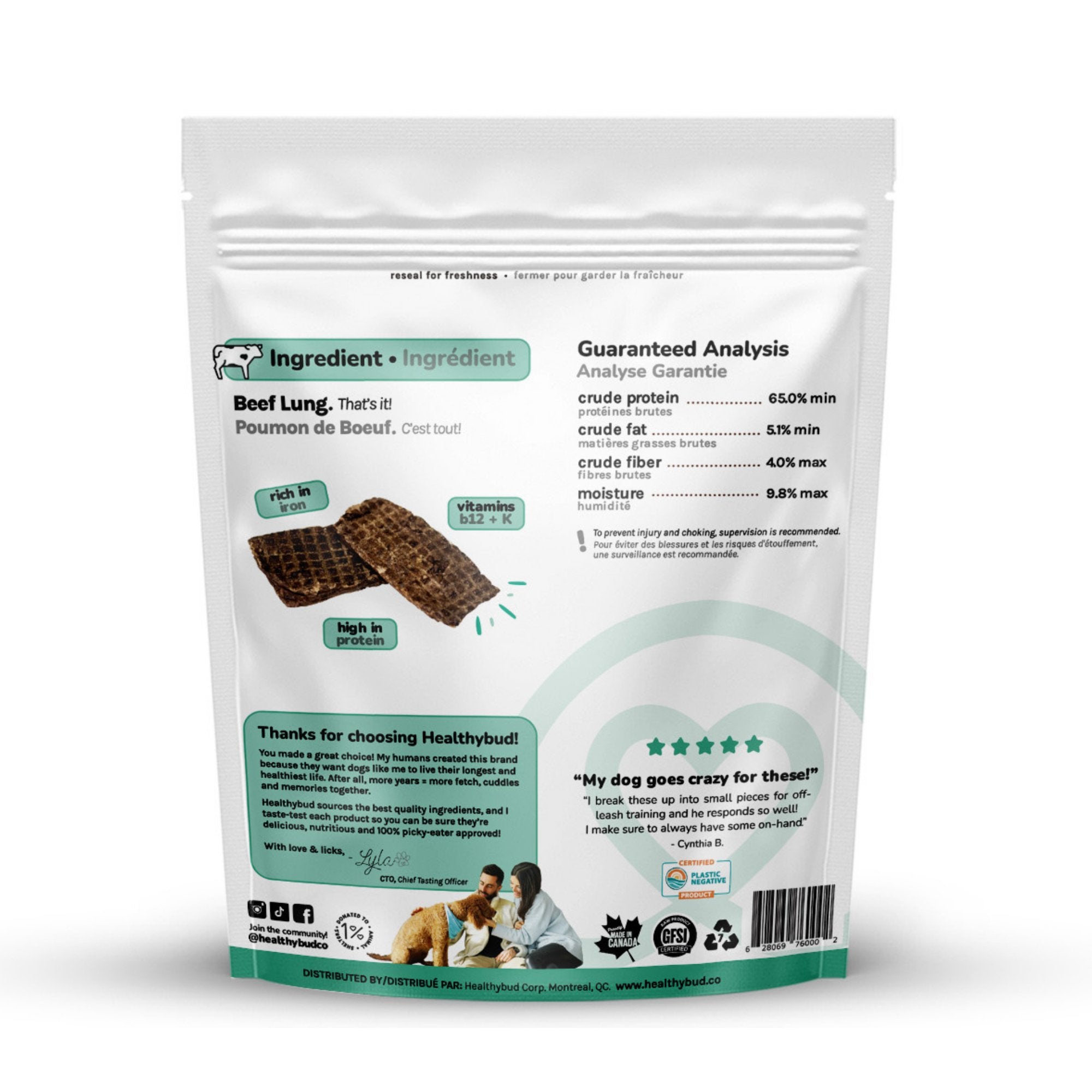 Dog treat package with ingredient list and guaranteed analysis on a white background
