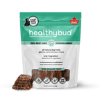 Healthybud all-natural dog treat package with a piece of treat on a white background