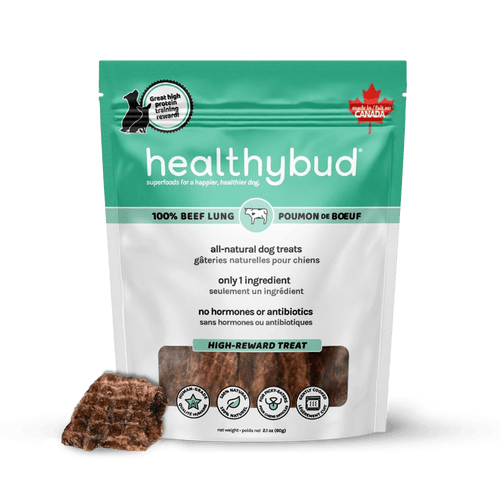 Healthybud all-natural dog treat package with a piece of treat on a white background