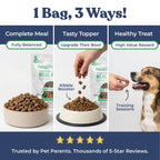 Dog food packaging with '1 Bag, 3 Ways!' text and images of a complete meal, tasty topper, and healthy treat.