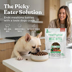 Dog eating from a bowl with a 'HealthyBud' meal bites package in a kitchen setting.