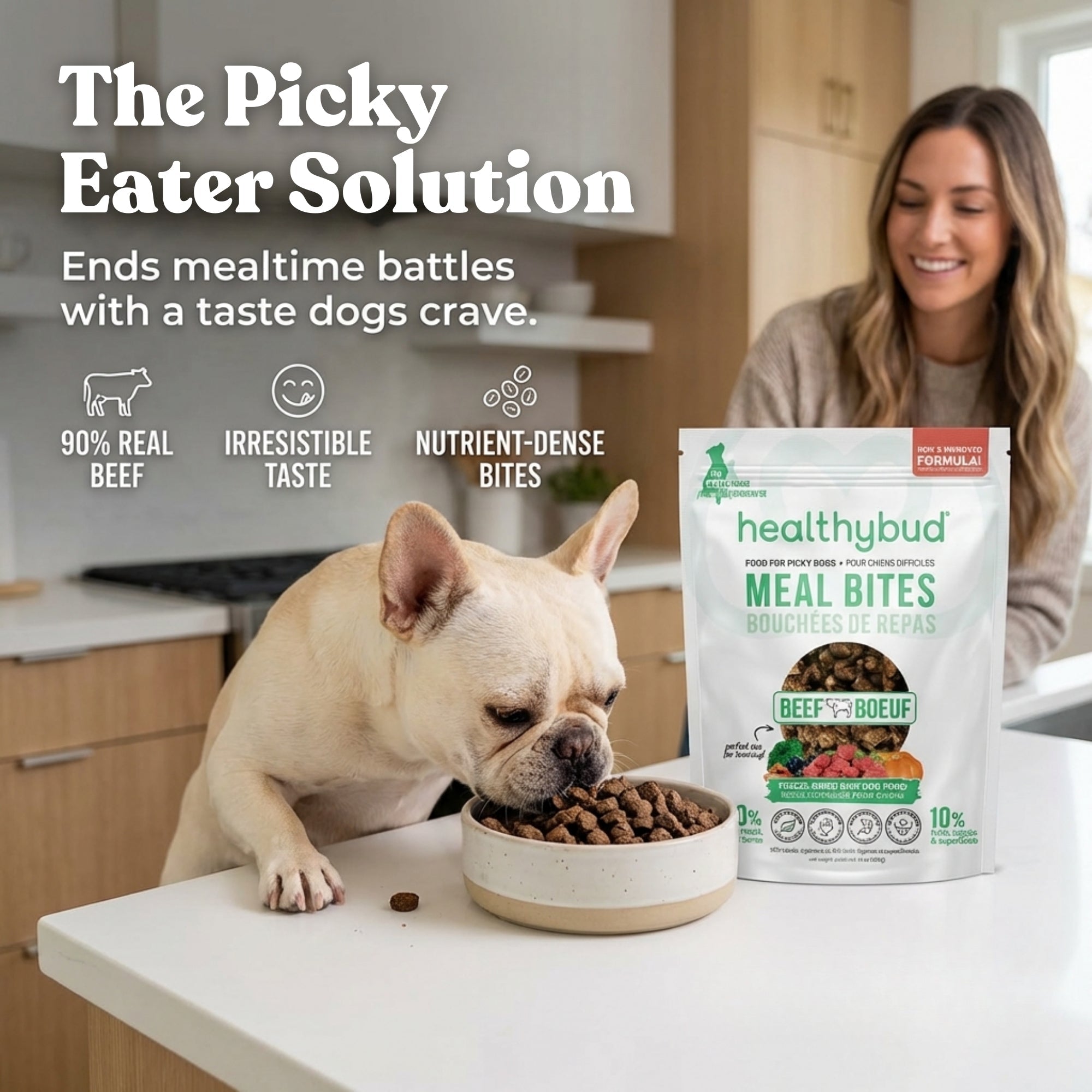 Dog eating from a bowl with a 'HealthyBud' meal bites package in a kitchen setting.