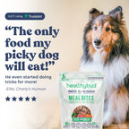 Dog with a 'healthybud' meal bites package and text about a picky dog eating the food.