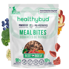 Package of healthybud Beef Meal Bites for dogs on a green background with food graphics.