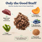 Dog food ingredients with labeled benefits on a beige background