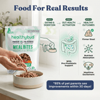 Healthybud MealBites packaging with a hand pouring food into a bowl, and a diagram of gut health benefits.