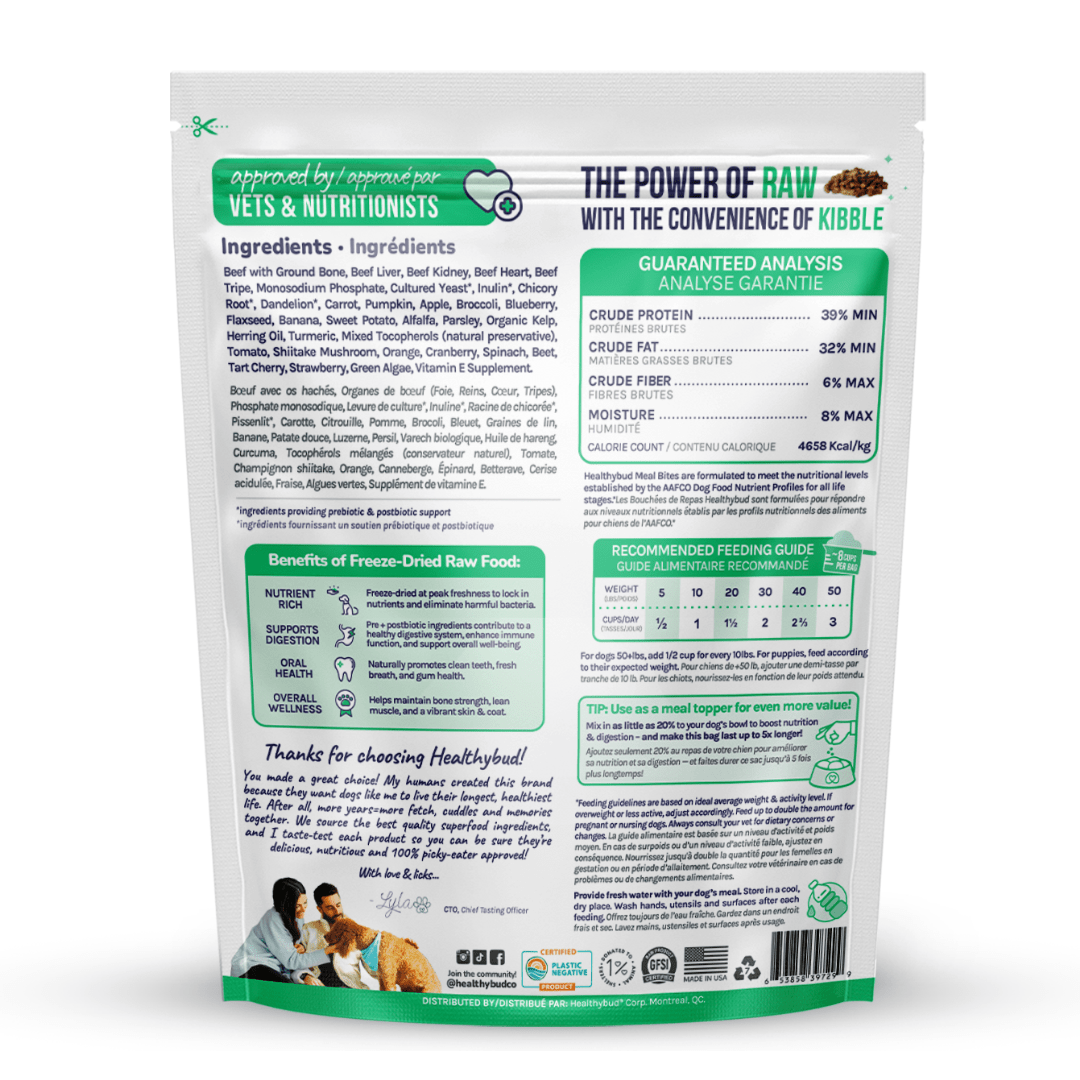 Dog food packaging with nutritional information and ingredients list on a white background