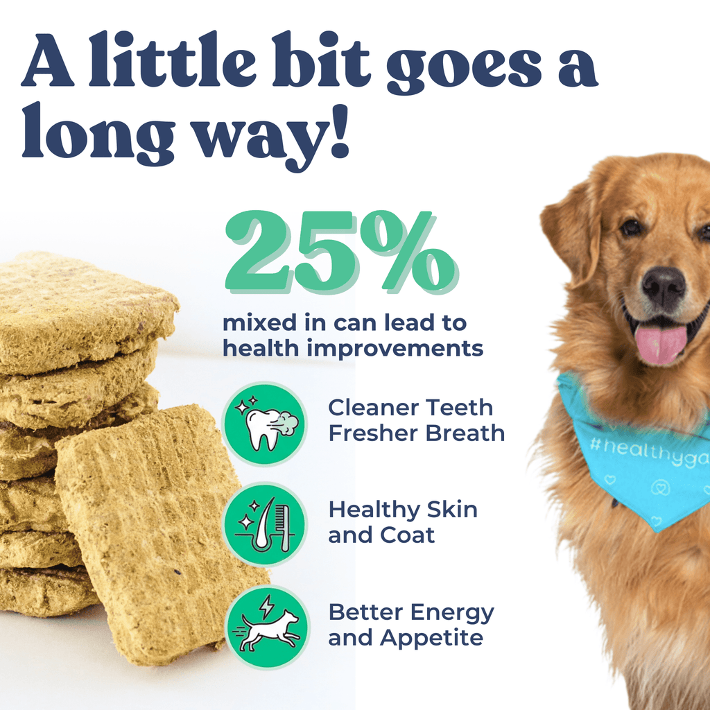 Dog treats with a dog and text about health benefits on a white background