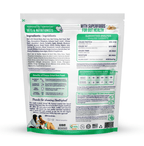 Back view of a pet food packaging with text and graphics on a white background
