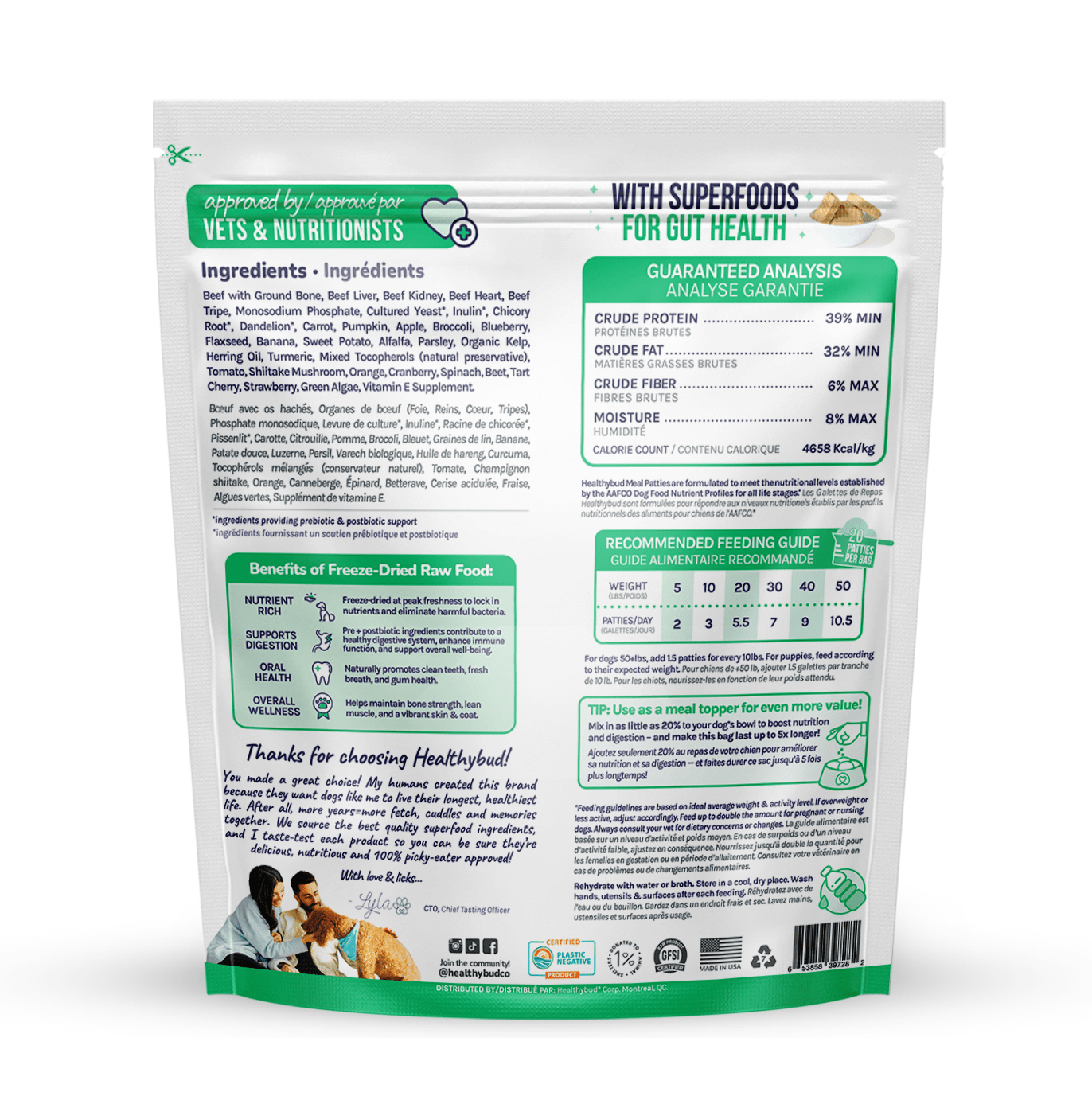 Back view of a pet food packaging with text and graphics on a white background