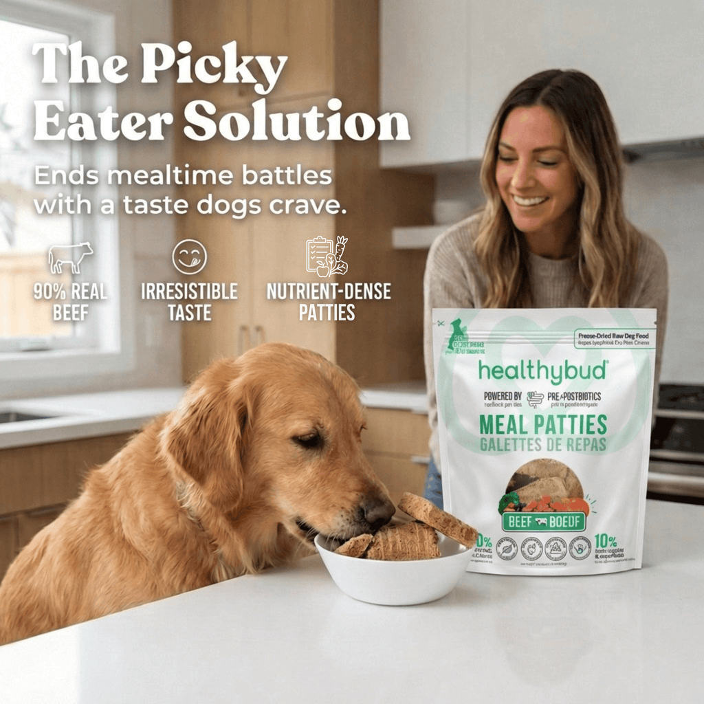 Woman and dog with a bag of healthybud meal patties in a kitchen setting.