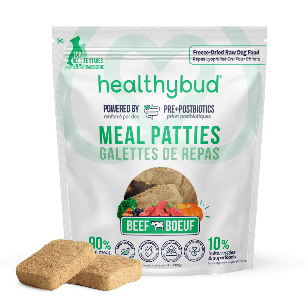 Package of Healthybud Meal Patties with a beef patty in front on a white background