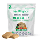 Package of Healthybud Meal Patties with a beef patty in front on a white background