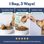 Dog food packaging with text on how to use it, including 'Complete Meal', 'Tasty Topper', and 'Healthy Treat'.