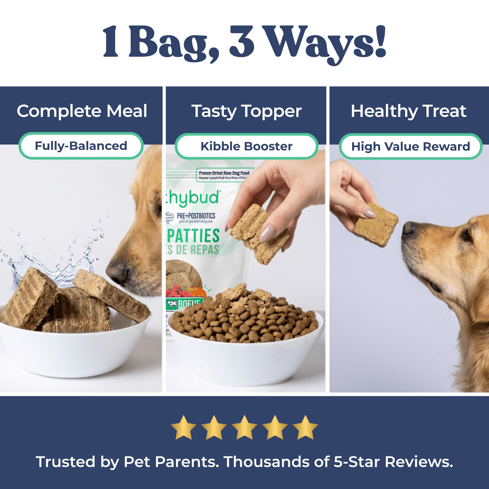 Dog food packaging with text on how to use it, including 'Complete Meal', 'Tasty Topper', and 'Healthy Treat'.