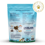 Dog food package with blue label, ingredients list, and nutritional information on a white background.