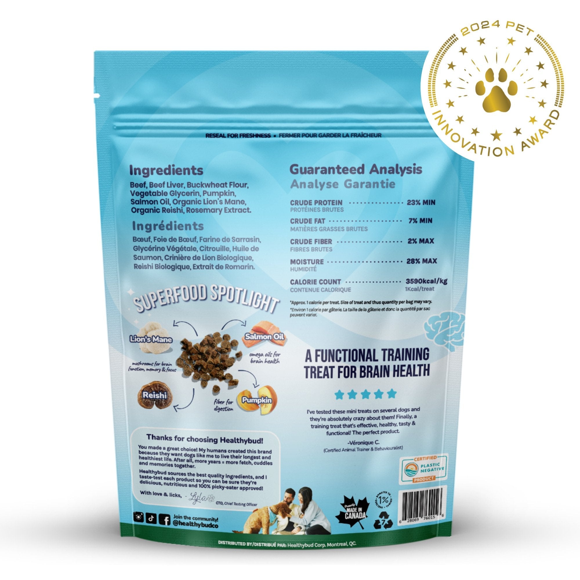 Dog food package with blue label, ingredients list, and nutritional information on a white background.