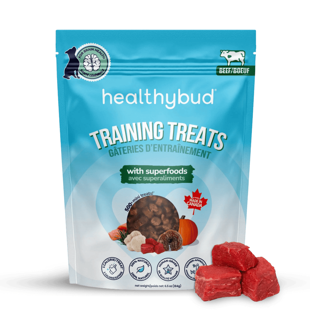 Package of healthybud training treats with visible treats on a black surface