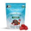 Package of healthybud training treats with visible treats on a black surface