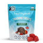 Package of healthybud training treats with visible treats on a black surface