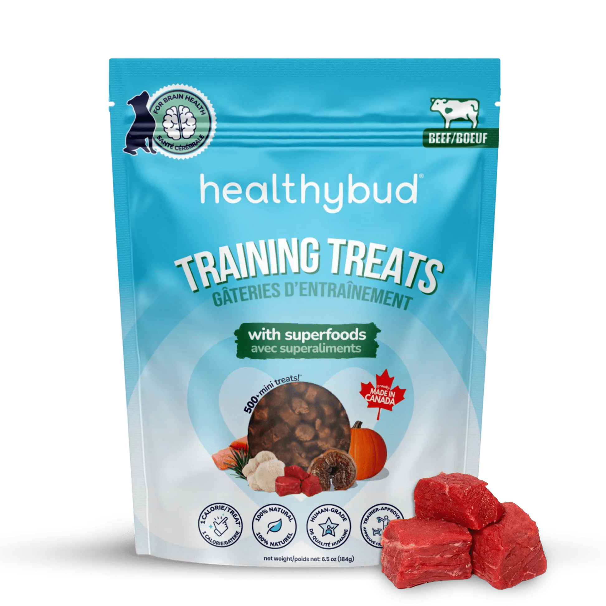 Package of healthybud training treats with visible treats on a black surface