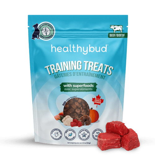 Package of healthybud training treats with visible treats on a black surface