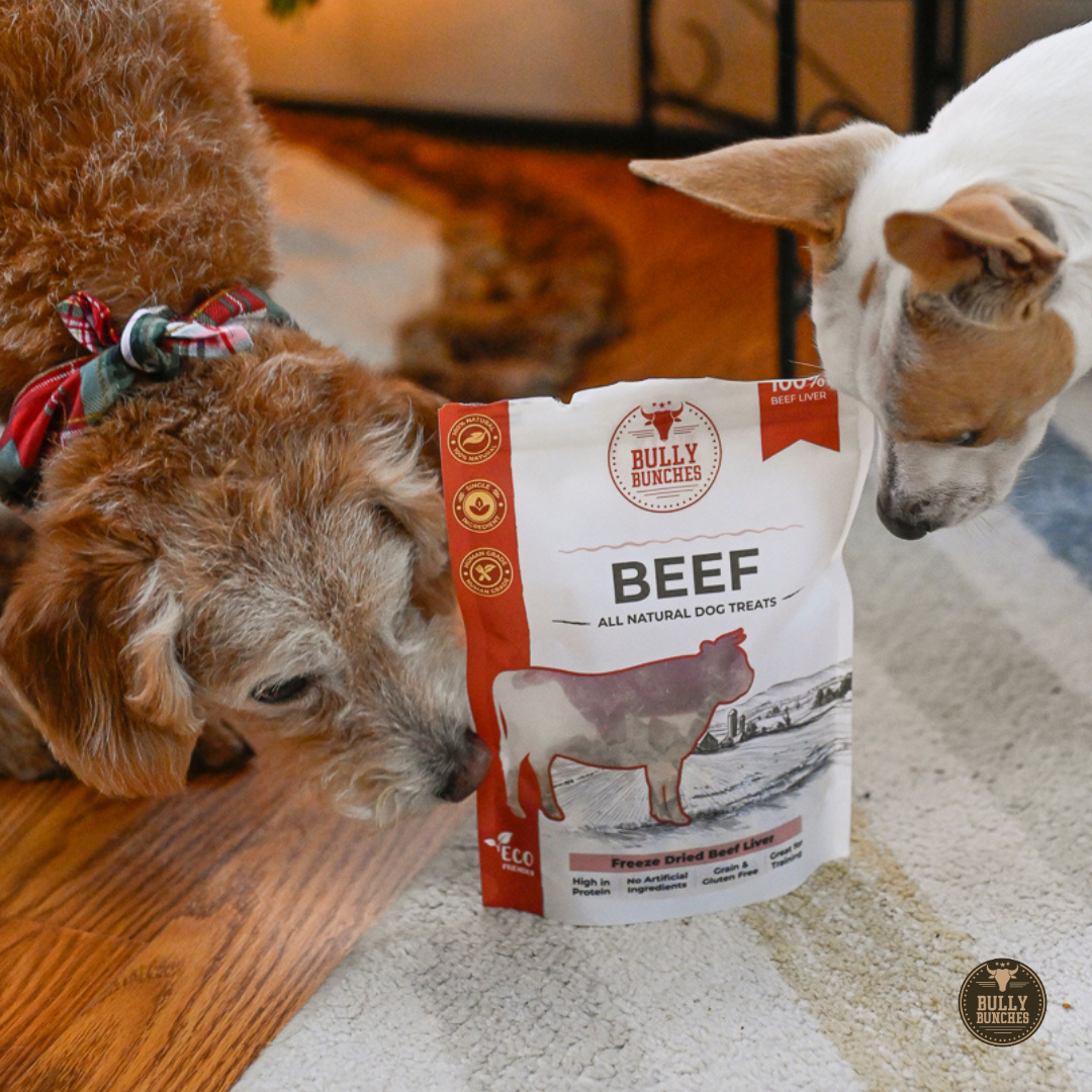A bag of Bully Bunches Beef dog treats is placed on a rug between two dogs, one with curly brown fur and one with white and tan fur.