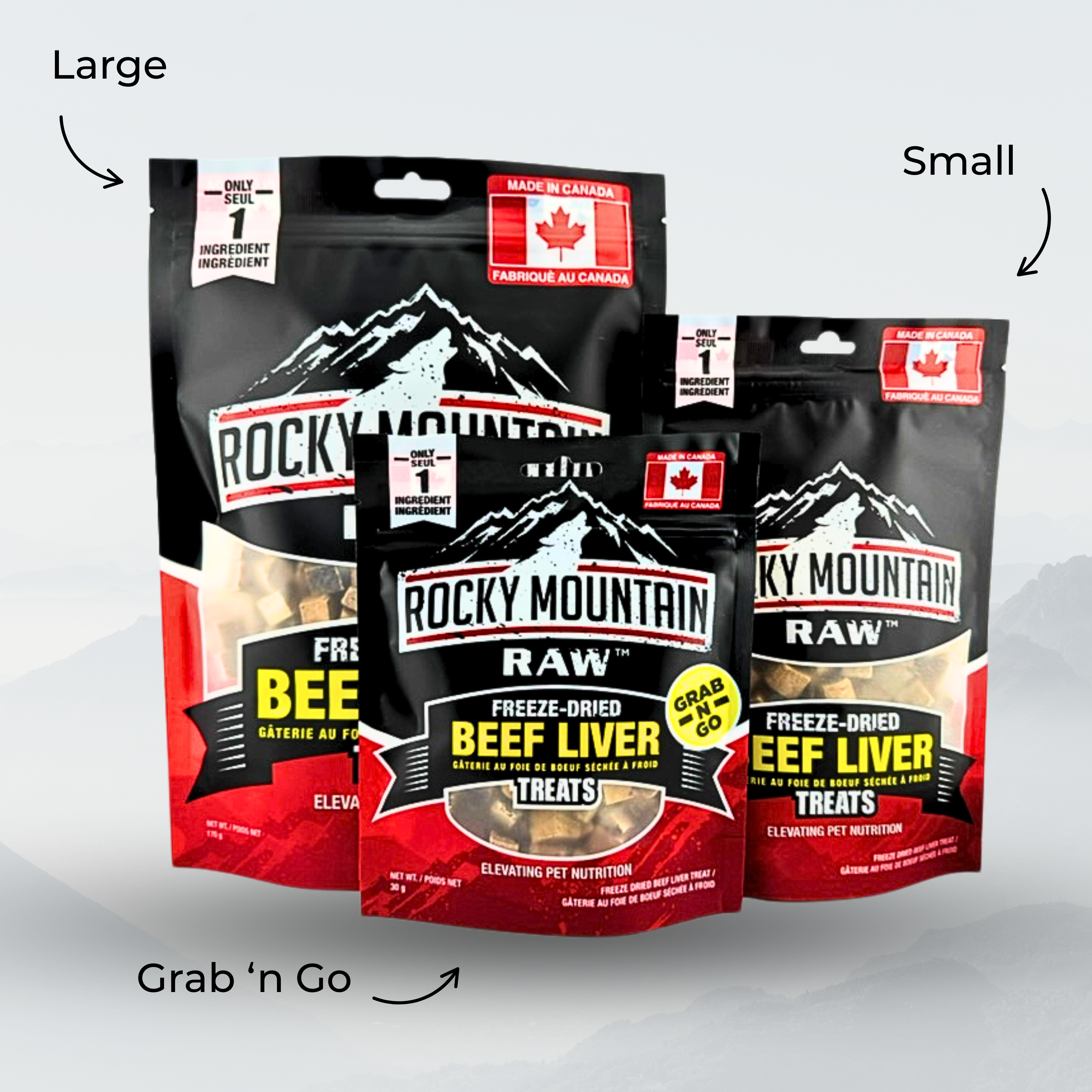 Three packages of Rocky Mountain Raw Freeze-Dried Beef Liver Treats in large and small sizes on a light gray background.