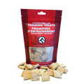 Red package of Canadian beef liver training treats with treats displayed in front on a white background