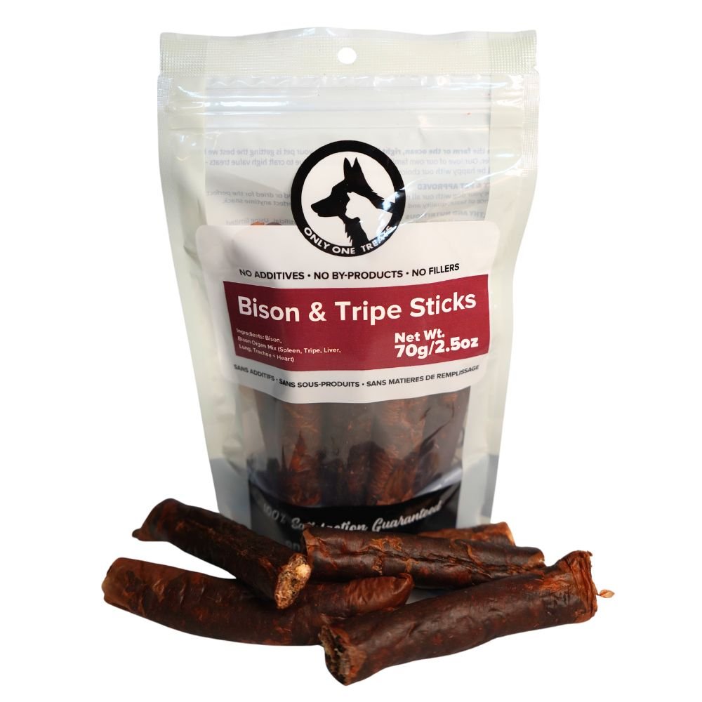 Bag of bison and tripe sticks with visible product packaging on a white background