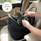 Cat in a black car seat with a person adjusting a collar tether, inside a vehicle.