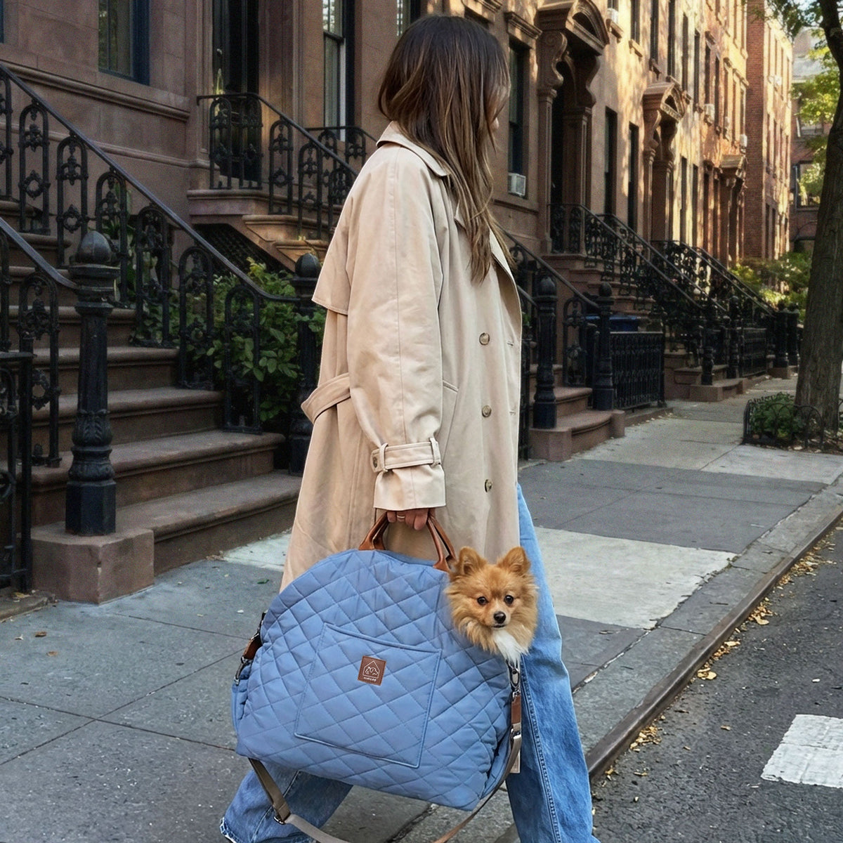 Woman walking a dog in a blue pet carrier on a city street.