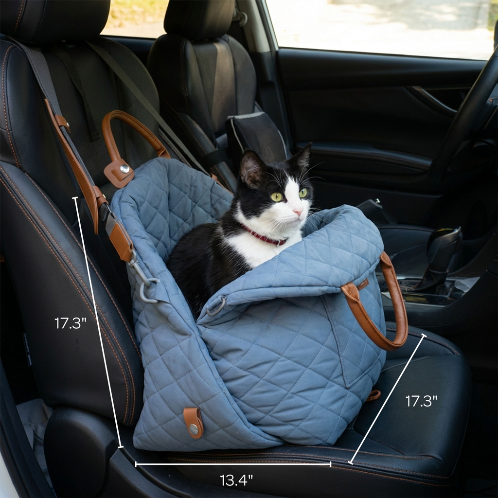 Cat in a blue pet car seat inside a vehicle with measurements indicated.