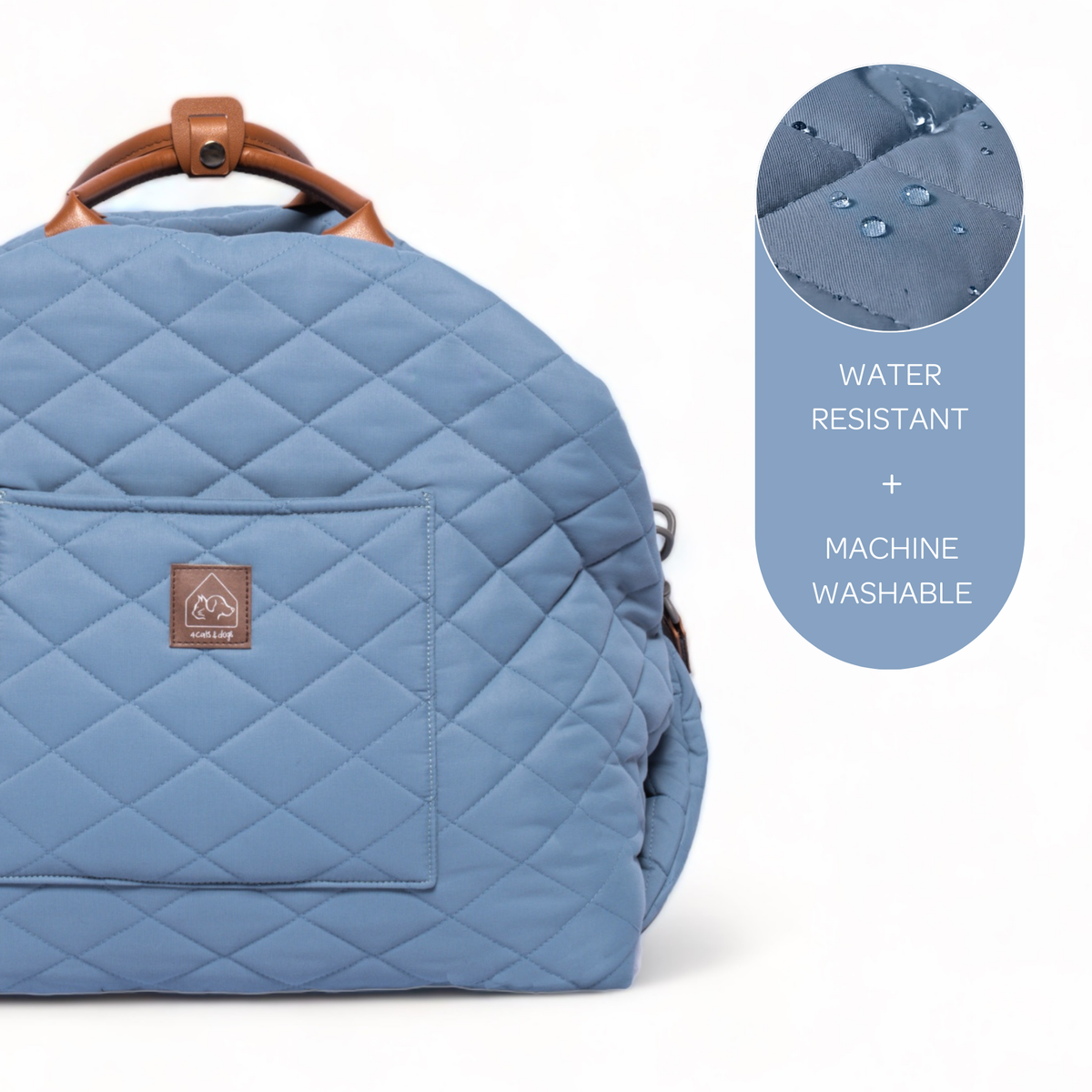 Blue quilted bag with brown handle and water-resistant label on a white background