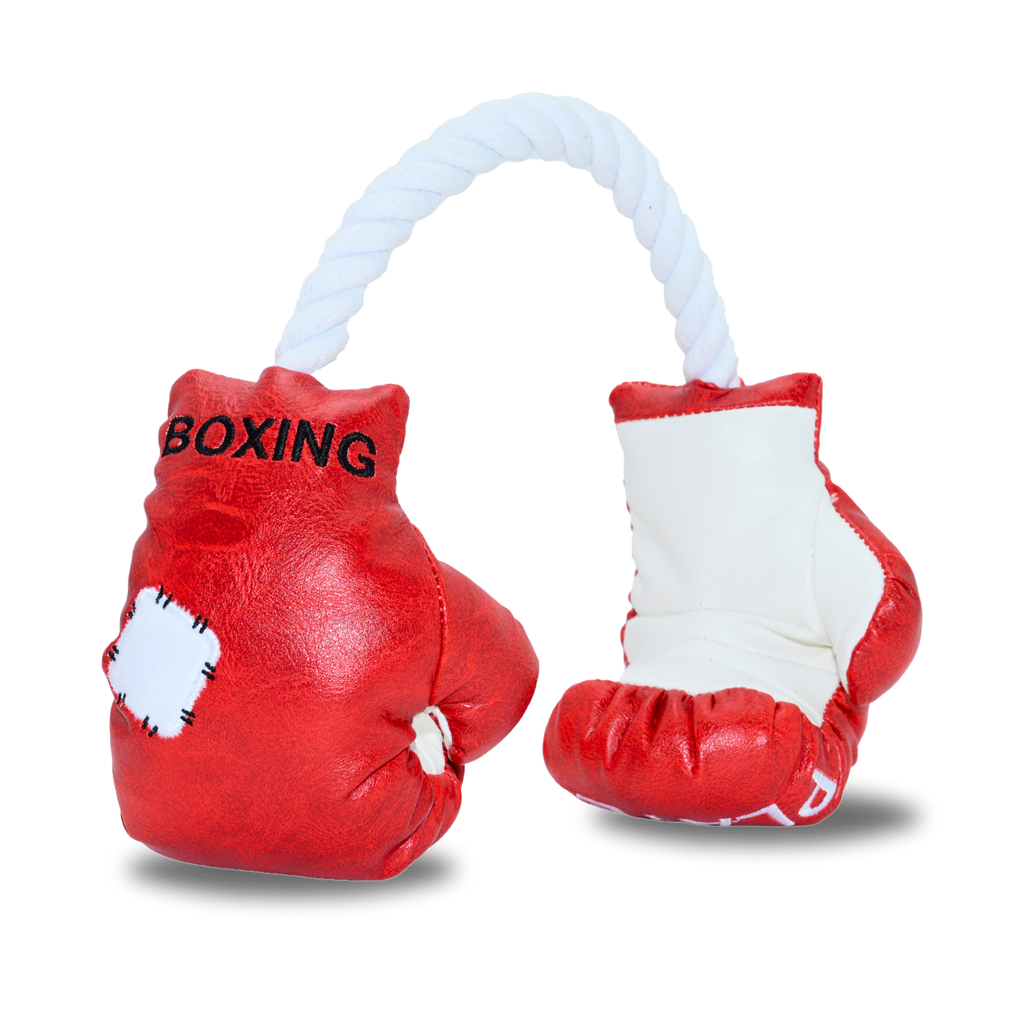 Dog toy Red boxing gloves with white rope on a white background