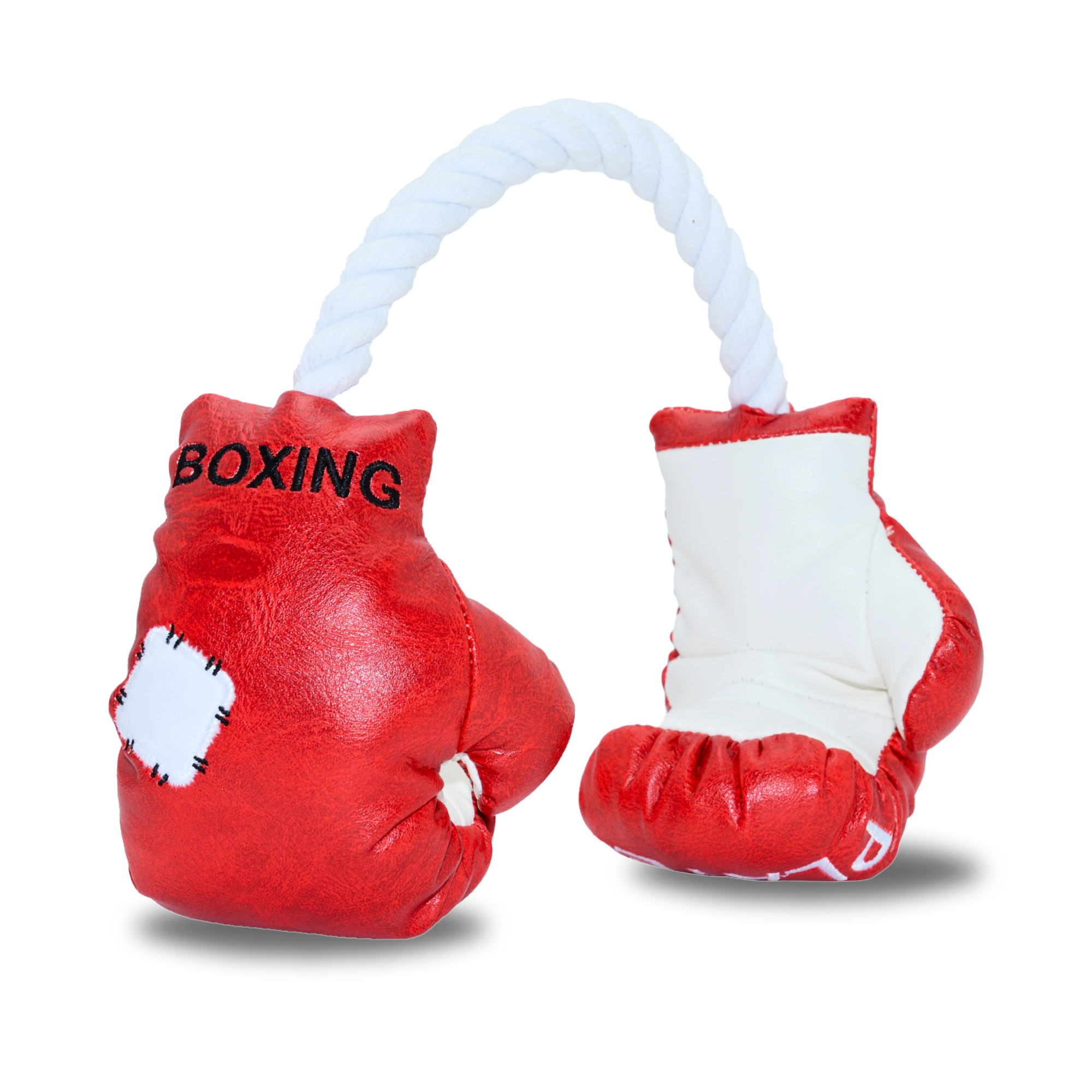 Dog toy Red boxing gloves with white rope on a white background