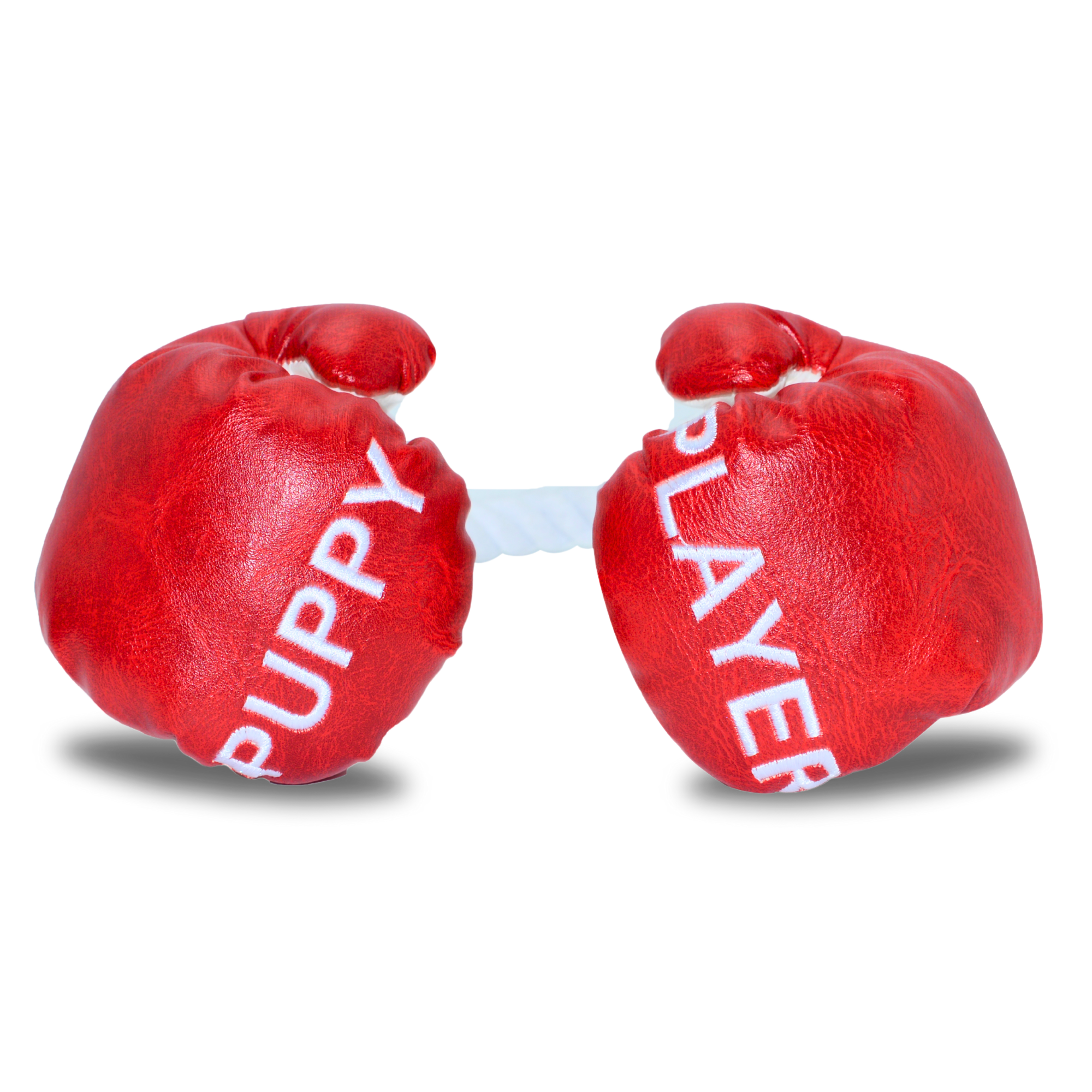 Dog toy Red boxing gloves with 'Puppy Slayer' text on a white background