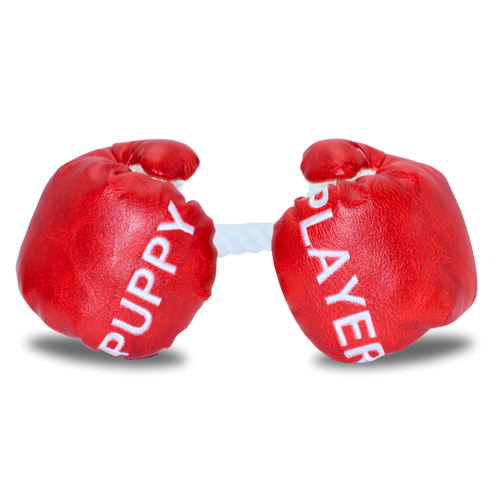 Dog toy Red boxing gloves with 'Puppy Slayer' text on a white background
