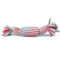 Dog toy with red, white, and gray braided rope on a white background