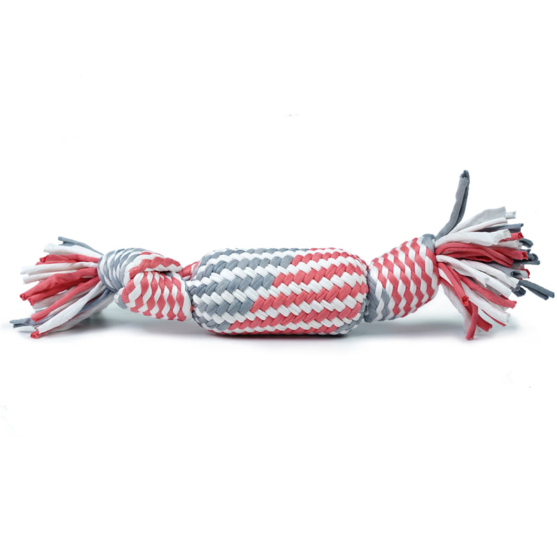 Dog toy with red, white, and gray braided rope on a white background