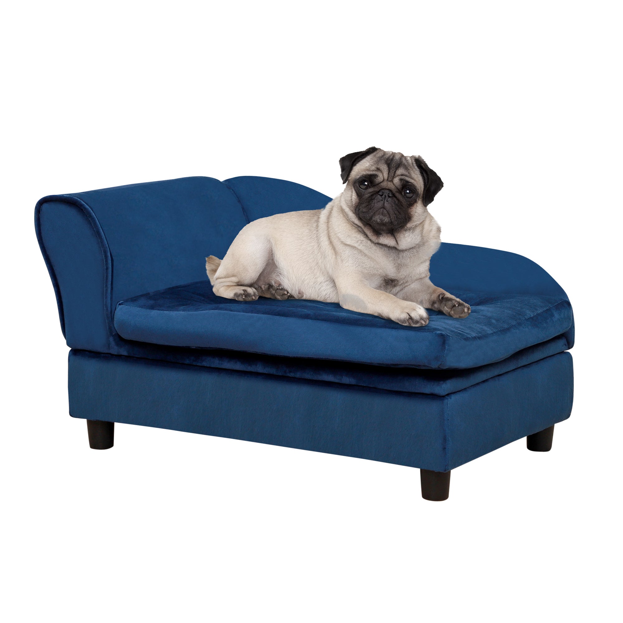 Dog lying on a blue pet bed against a white background