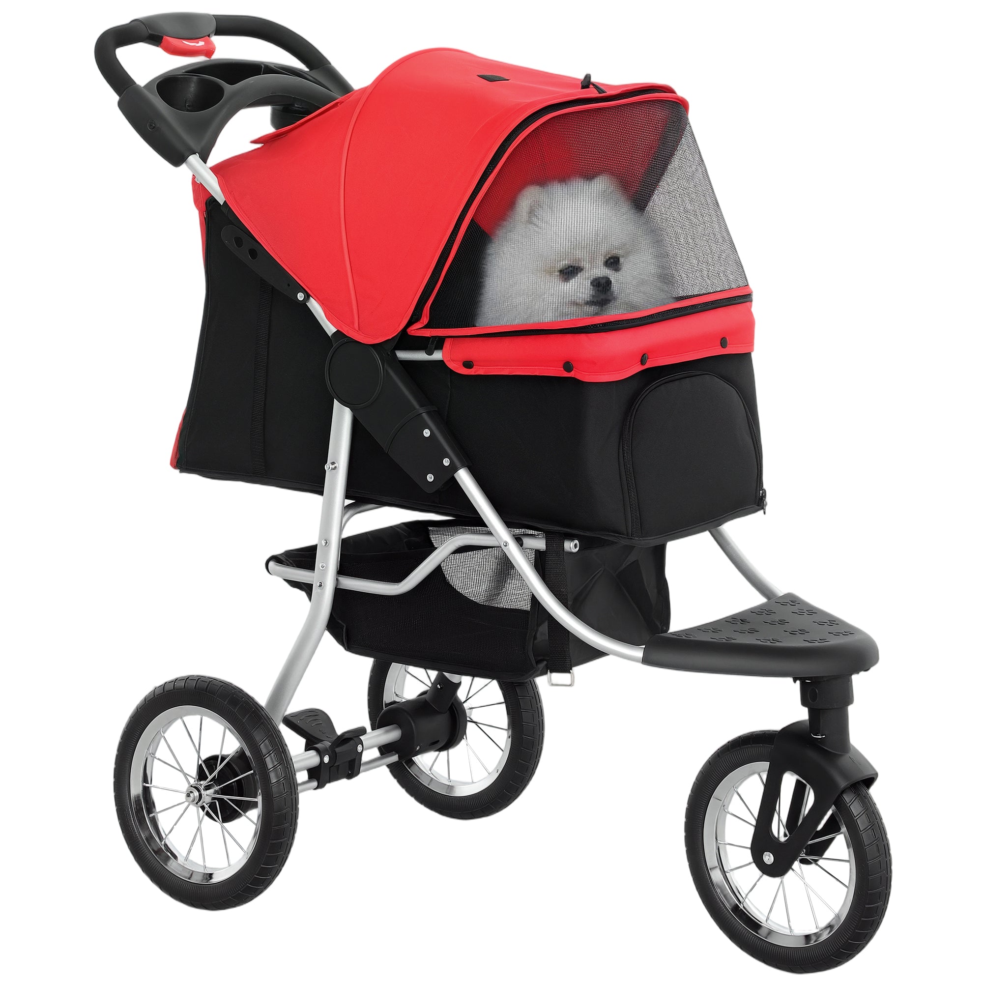 Red and black pet stroller with a small white dog inside on a white background