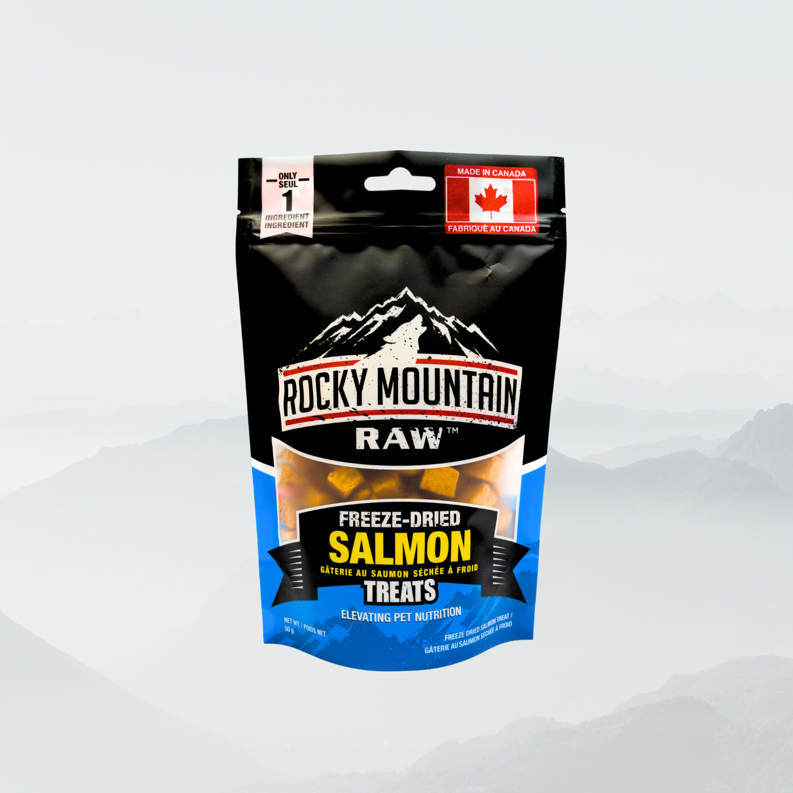 Packaging of Rocky Mountain Raw Freeze-Dried Salmon treats on a white background