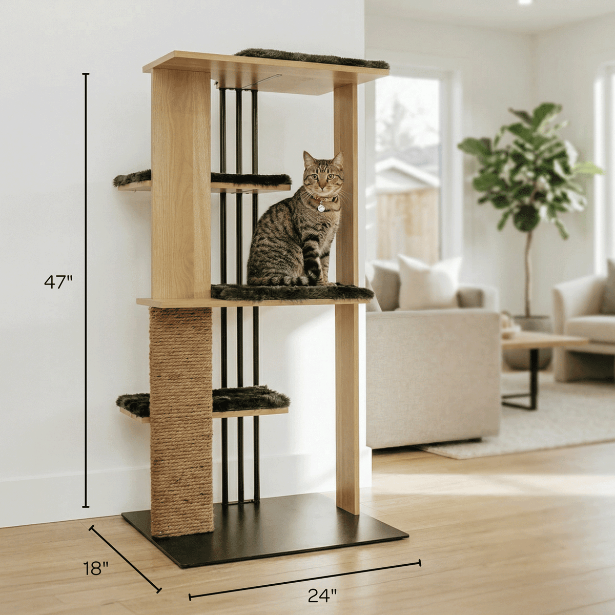 Cat tree with dimensions in a living room setting