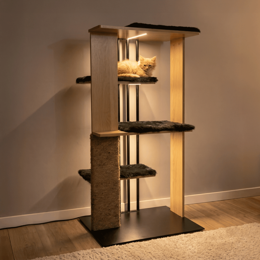 Cat tree with multiple levels and a cat on one of the platforms against a plain wall.
