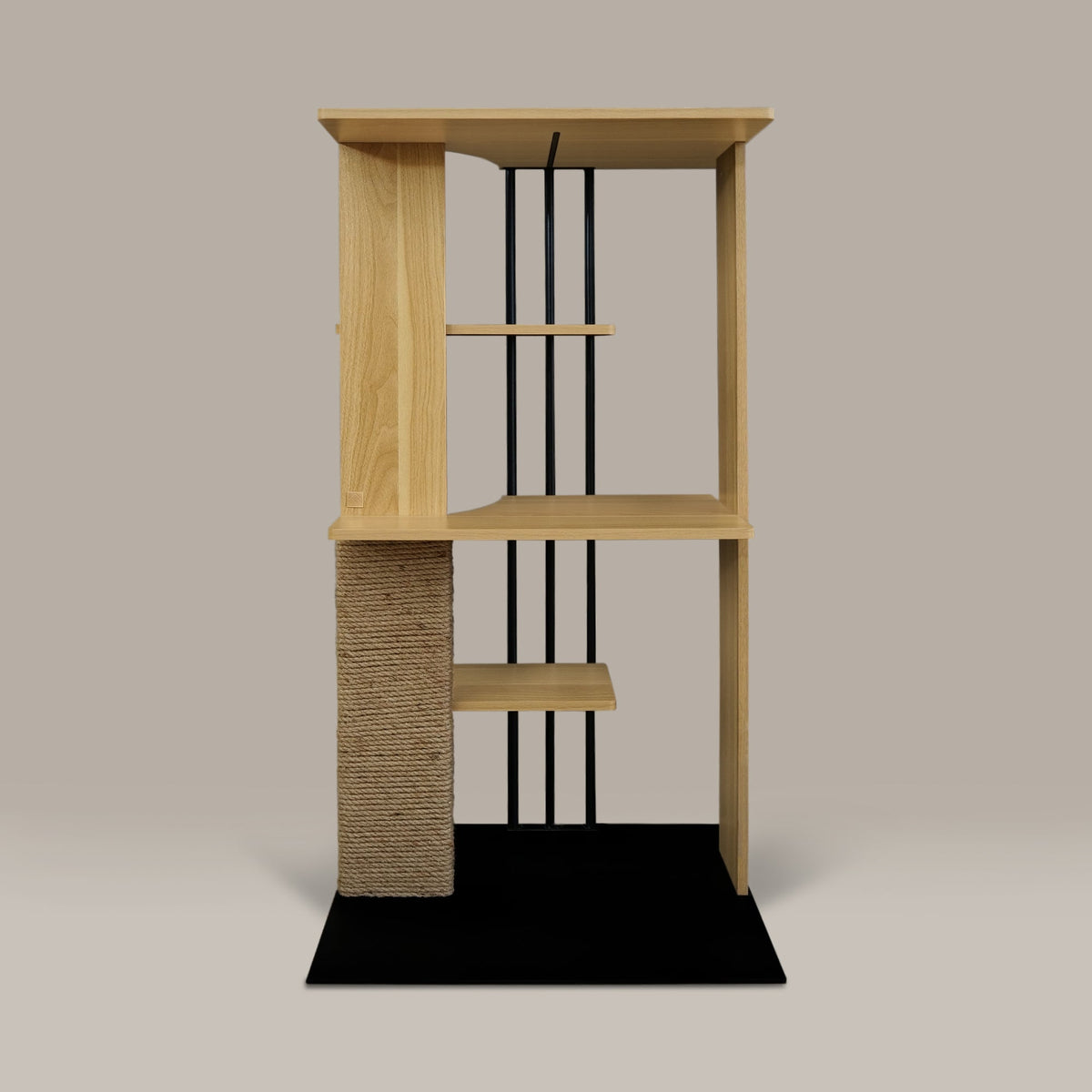 Wooden cat tree with shelves and a scratching post on a beige background