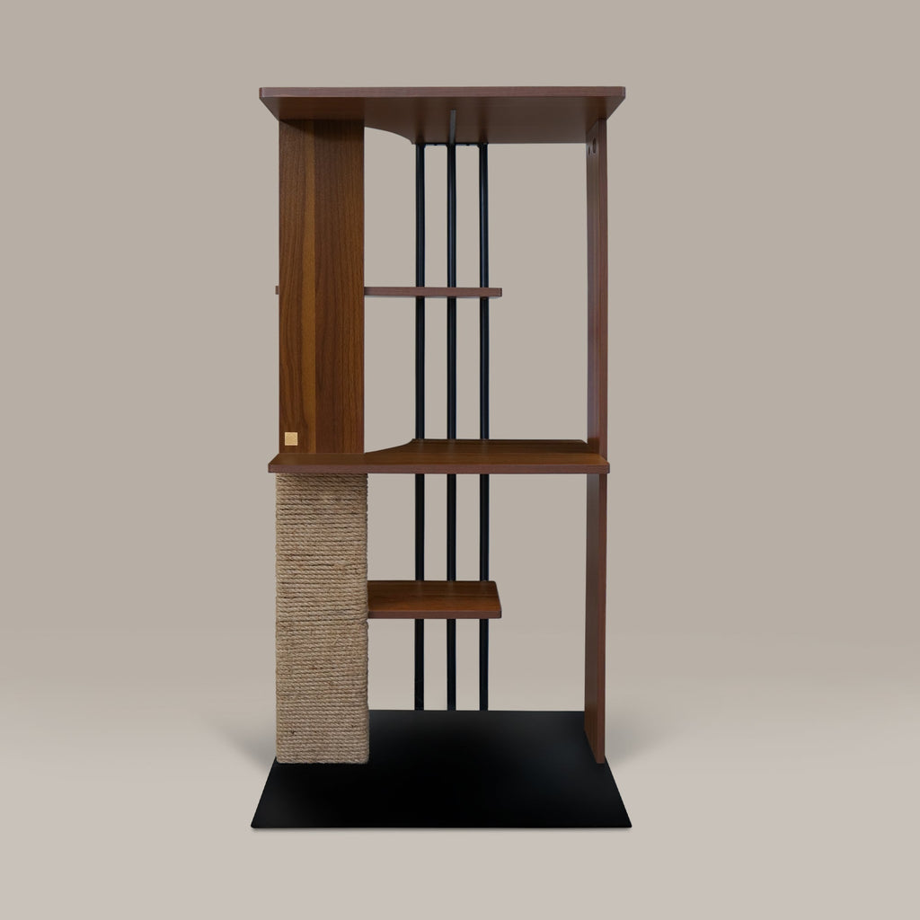 Wooden cat tree with metal bars on a beige background
